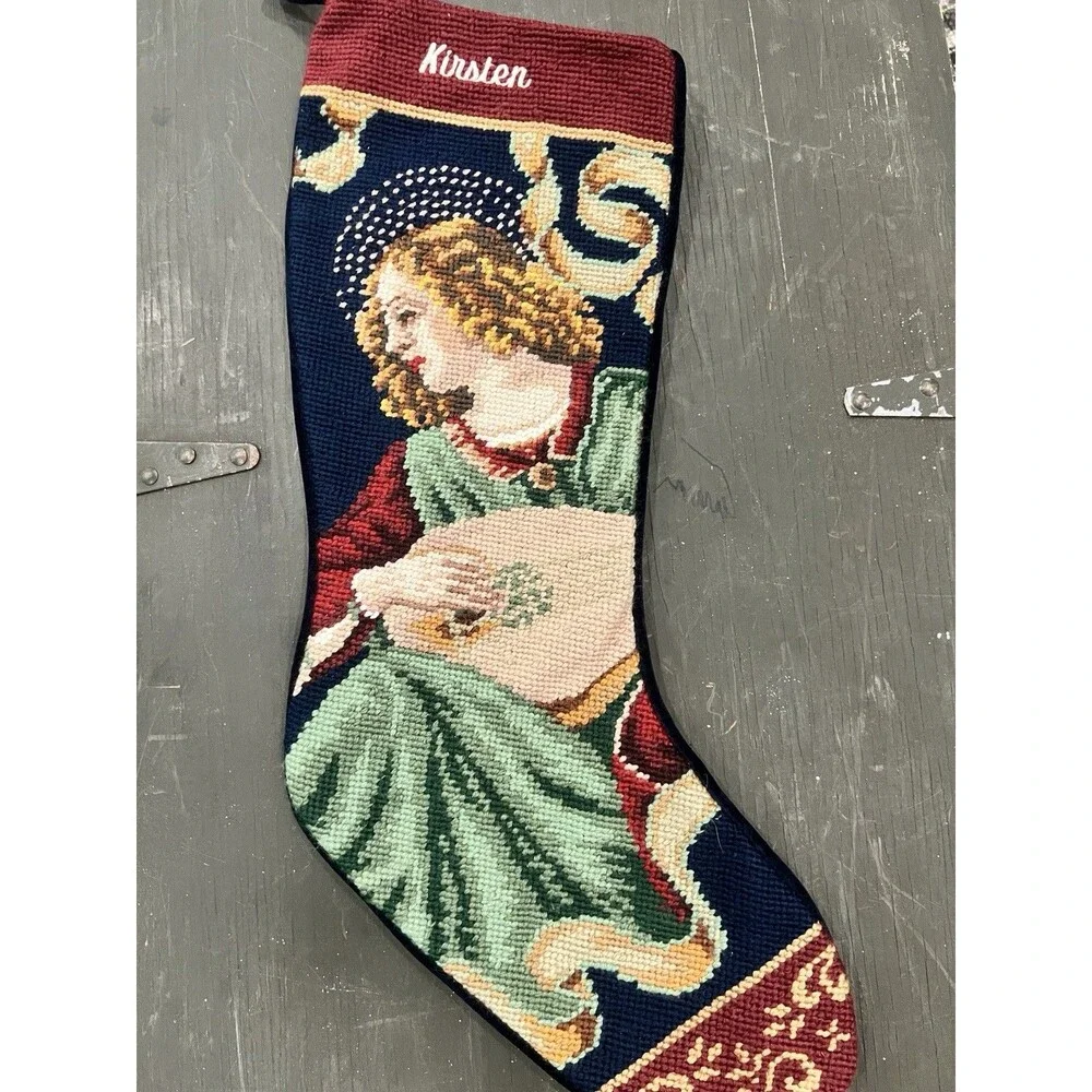 Needlepoint Angel Christmas Stocking Lute Musician Blue Velvet kirsten Vintage